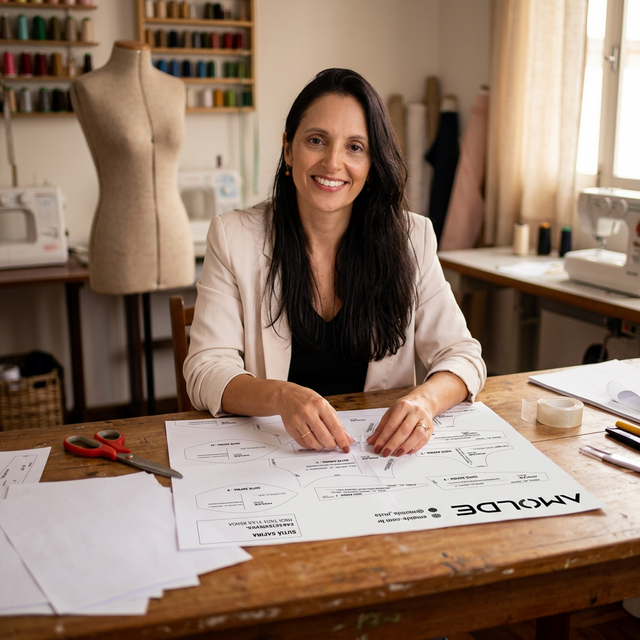 Anne da Amolde montando molde em A4 no ateliê
